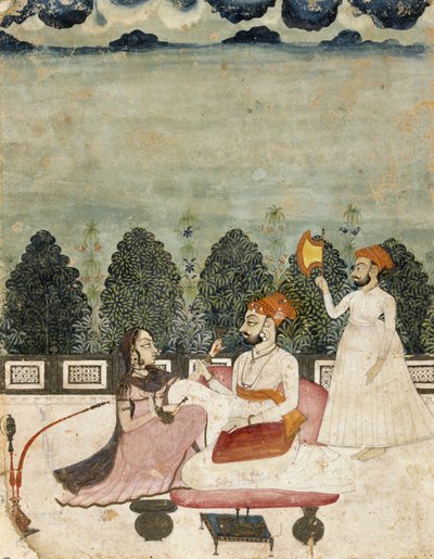 Ohne Titel (zwei Männer und eine Frau auf der Terrasse), 1700er von Indian School